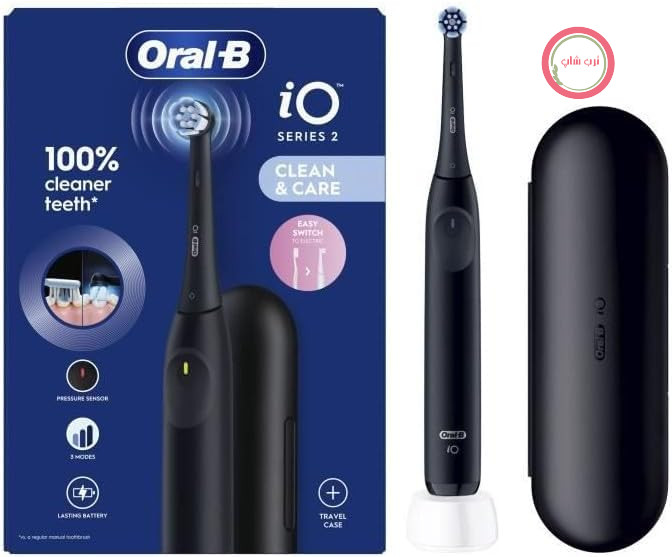 مسواک برقی اورال بی Oral-B iO 2، مشکی، ۳ حالت تمیز کردن، مسواک زدن نرم و بی‌صدا، حسگر فشار، سری برس جایگزین، شارژر، کیف مسافرتی