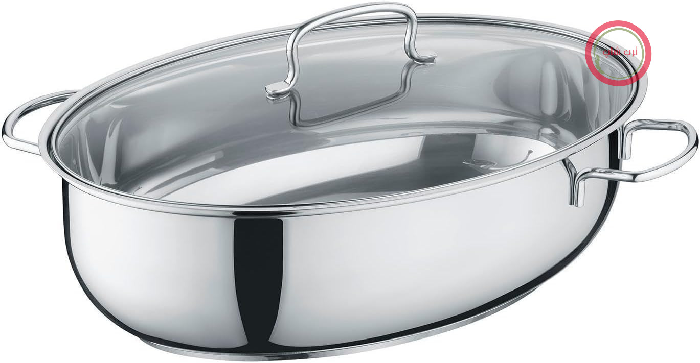 ماهیتابه استیل ضد زنگ برندس آلمان با درب شیشه‌ای - 38x25.5 سانتی‌متر - قابلمه برای پخت و پز و کباب کردن - مناسب برای انواع اجاق گاز - سازگار با القایی