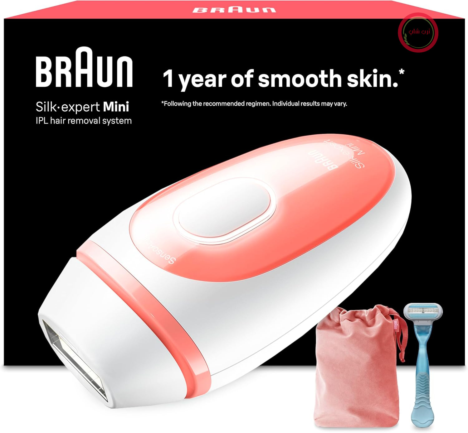 دستگاه حذف موهای زائد Braun IPL Silk Expert Pro Mini برای خانم‌ها، حذف موهای قابل مشاهده، با کیف مسافرتی، جایگزین لیزر موهای زائد، PL1014، سفید/صورتی