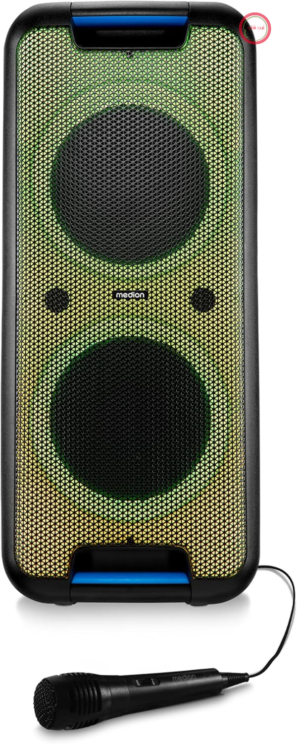 MEDION PX-1 Plus Partybox (باتری خور، دارای میکروفون، بلندگوی بلوتوث قابل حمل بزرگ، جعبه موسیقی، جلوه‌های نوری متنوع، بلندگوی مهمانی با کارائوکه، ۲ ورودی میکروفون، AUX، USB)