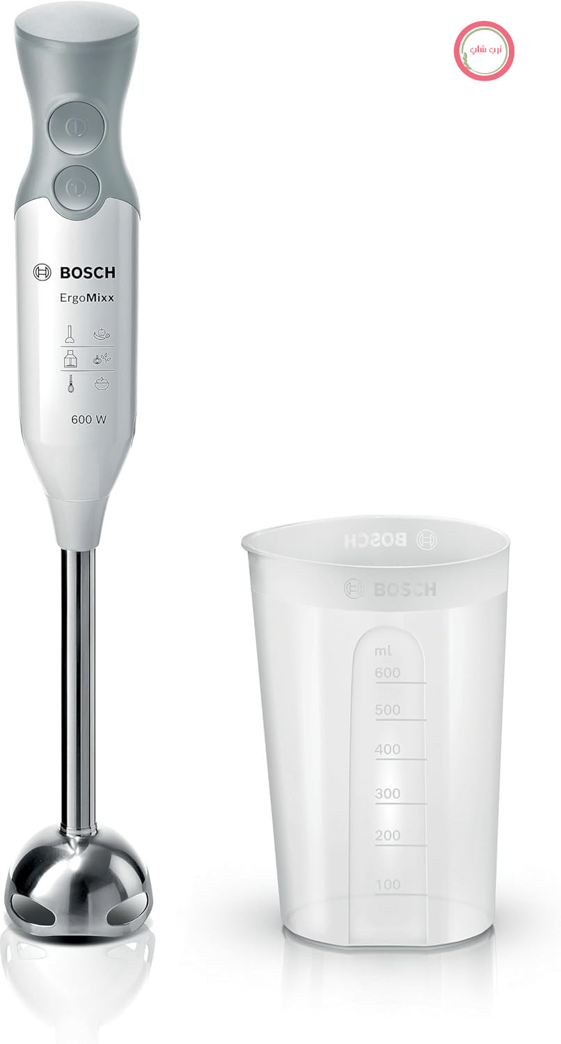 همزن دستی Bosch ErgoMixx، پایه مخلوط کن از جنس استیل ضد زنگ، ظرف مخلوط کن و پیمانه، 2 حالت سرعت، محفظه سبک، چاقوی 4 تیغه، تمیز کردن آسان، 600 وات، سفید/خاکستری، MSM66110