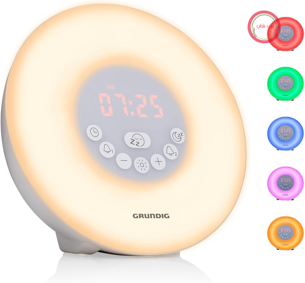 ساعت زنگ دار Grundig Light با رادیو FM - ساعت زنگ دار نور روز با 10 صدای طبیعی - ساعت زنگ دار با LED با رنگ متغیر و شبیه سازی پیاده روی زودیاک - عملکرد چرت زدن و تایمر، سفید