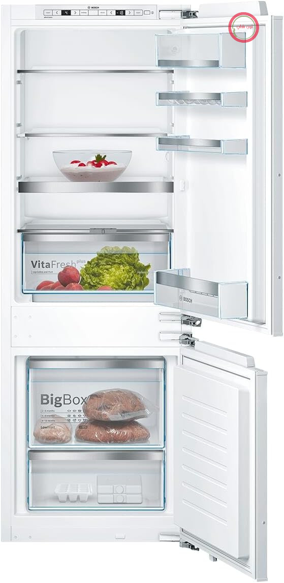 یخچال فریزر توکار بوش KIS77AFE0 سری 6، ابعاد 158 در 56 سانتی‌متر، یخچال 169 لیتری و فریزر 61 لیتری، لولای تخت، ساخت آلمان، VitaFresh plus با 2 برابر تازگی بیشتر، LowFrost با نیاز به یخ‌زدایی کمتر