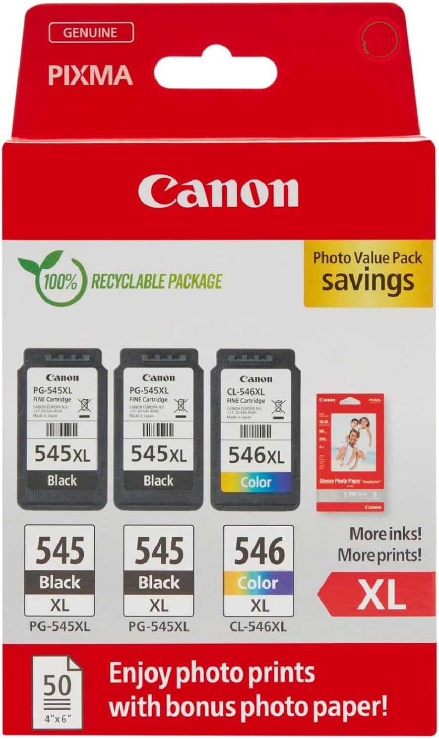 جوهر اصلی کانن PG-545XL x 2 / CL-546XL (3 کارتریج جوهر؛ 2 عدد مشکی XL + 1 عدد رنگی XL) - بسته Photo Value (شامل کاغذ عکس GP-501، 50 برگ 10x15 سانتی‌متر)
