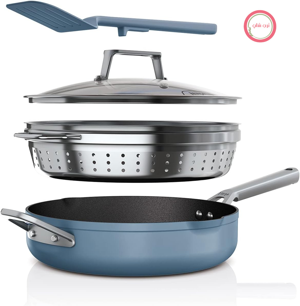 ماهیتابه بخار پز نینجا ۹ کاره Ninja Foodi CW102BLUK با درب شیشه‌ای، بخارپز/الک، کفگیر، درب شیشه‌ای، ۳.۸ لیتر، سازگار با اجاق القایی، قابل استفاده در فر تا دمای ۲۶۰ درجه سانتیگراد، ماکارون آبی، آبی