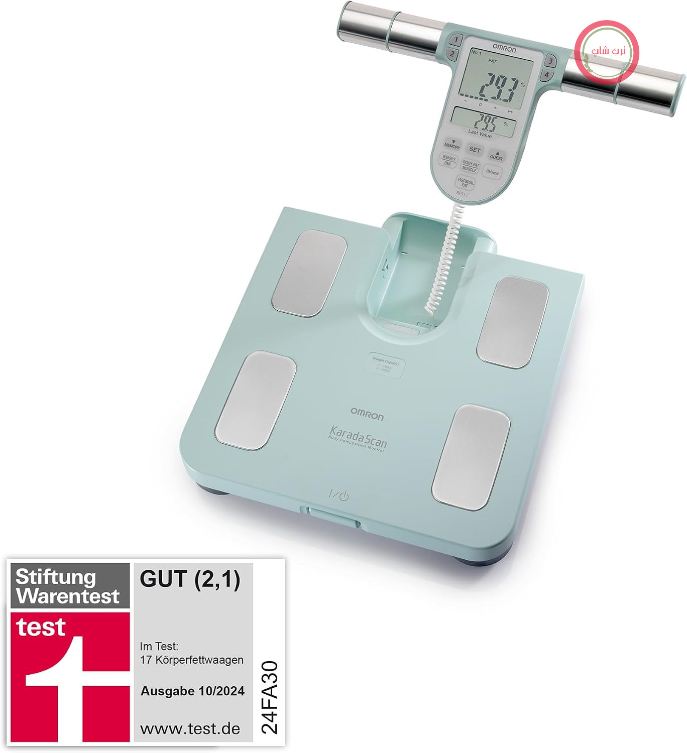 ترازوی حمام امرون ژاپن OMRON BF511 با قابلیت اندازه‌گیری چربی بدن و توده عضلانی | ترازوی چربی بدن با 8 حسگر برای اندازه‌گیری از کف دست تا پا، تا 150 کیلوگرم، برای بزرگسالان و کودکان از 6 سال به بالا
