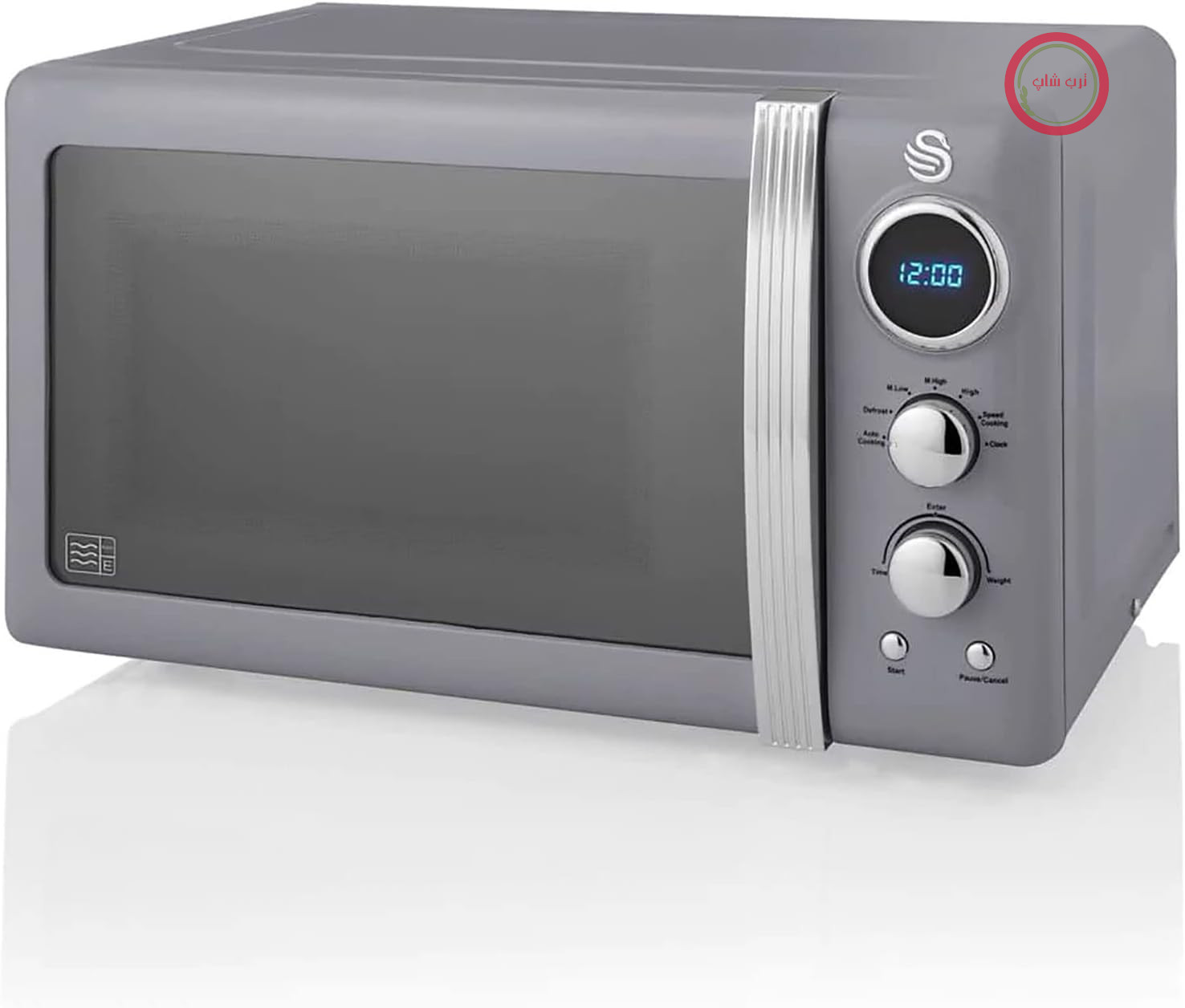 مایکروویو دیجیتال سوان انگلستان Swan Retro SM22030GRNEU، 20 لیتر، 5 سطح قدرت، قابلیت یخ‌زدایی، تایمر 60 دقیقه‌ای، صفحه گردان 27 سانتی‌متری، طراحی قدیمی، خاکستری، 800 وات