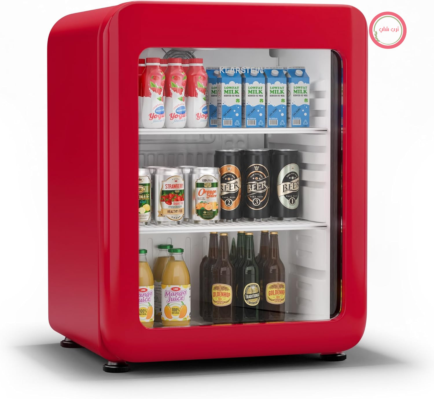 یخچال نوشیدنی Klarstein Audrey Evo با درب شیشه‌ای - 68 لیتر، طراحی رترو، روشنایی LED، درب دوجداره، 0-10 درجه سانتیگراد، کلاس انرژی C، پایه‌های قابل تنظیم، قرمز