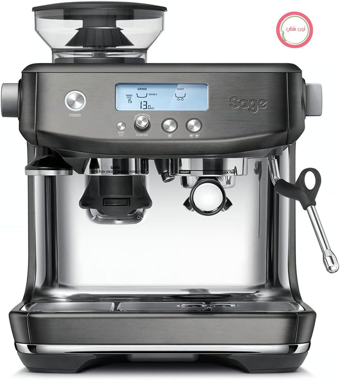 دستگاه قهوه ساز Sage The Barista Pro با عملکرد دستی، استیل ضد زنگ مشکی | دستگاه قهوه ساز با کف ساز شیر دستی و آسیاب مخروطی یکپارچه، 30 حالت آسیاب، 1650 وات