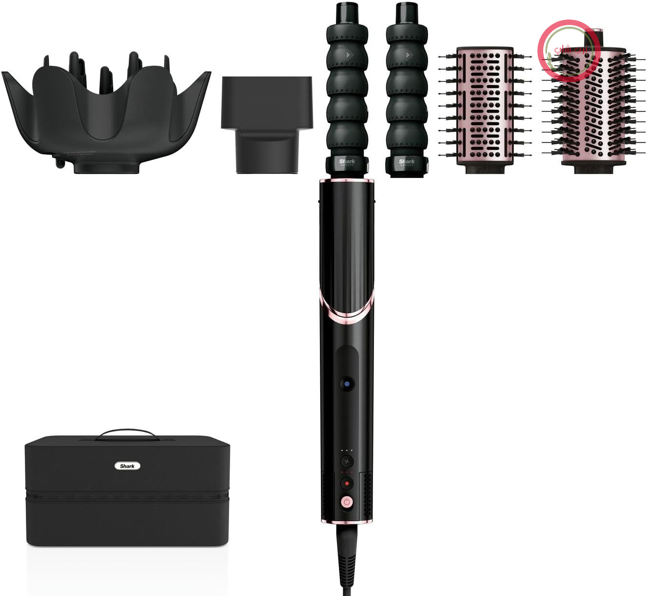 سشوار و حالت دهنده موی Shark FlexStyle 5 در 1، دارای سری فر کننده خودکار، برس پدالی، برس بیضی شکل، متمرکز کننده، پخش کننده مو، کیف نگهداری، بدون آسیب حرارتی، مشکی/رزگلد، HD446EU