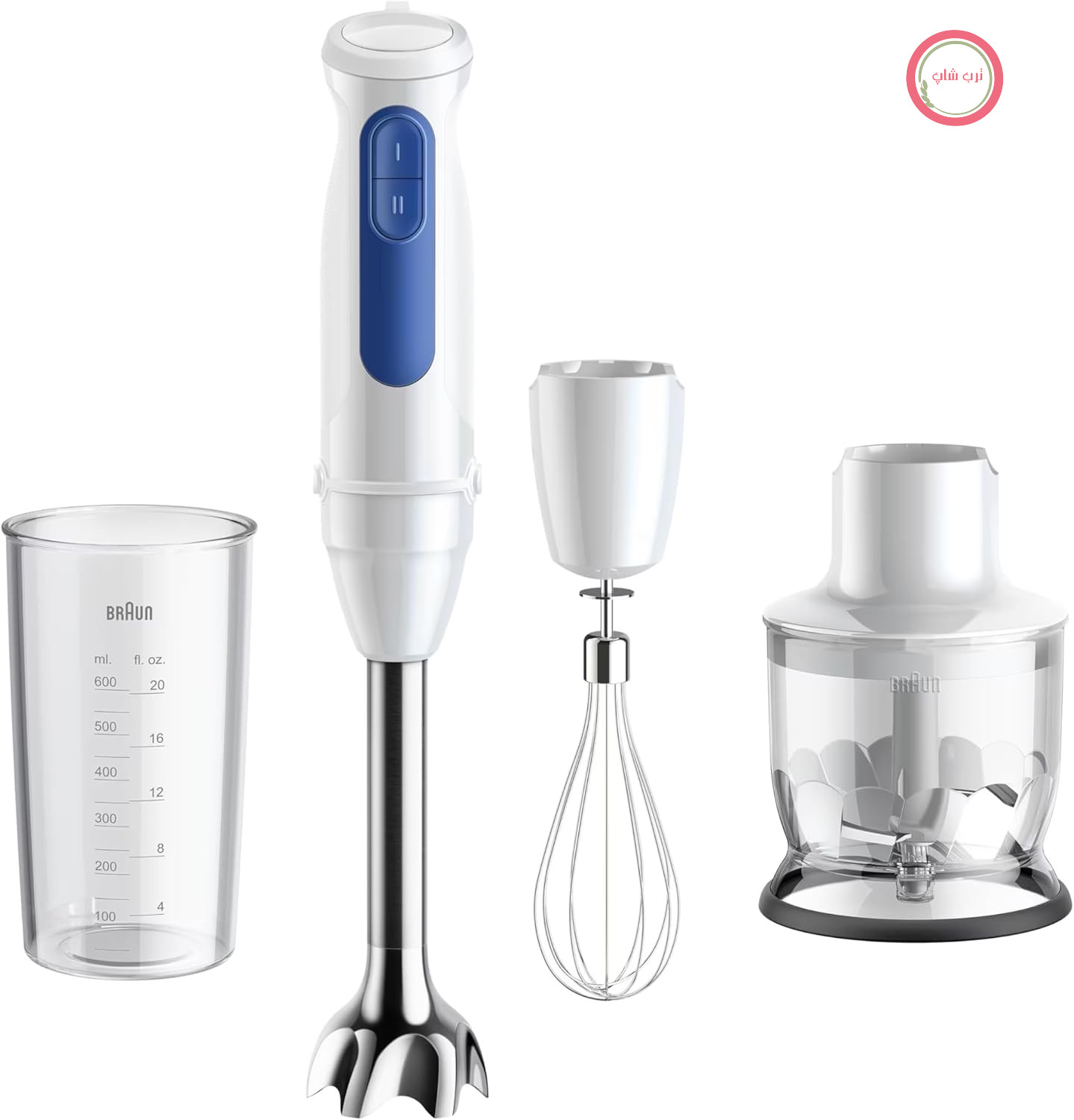 همزن برقی دستی Braun MultiQuick 3 MQ 30202 M با فناوری PowerBell VPlus، 2 سرعت، سیستم EasyClick Plus، مجموعه 3 تکه لوازم جانبی، 900 وات، سفید