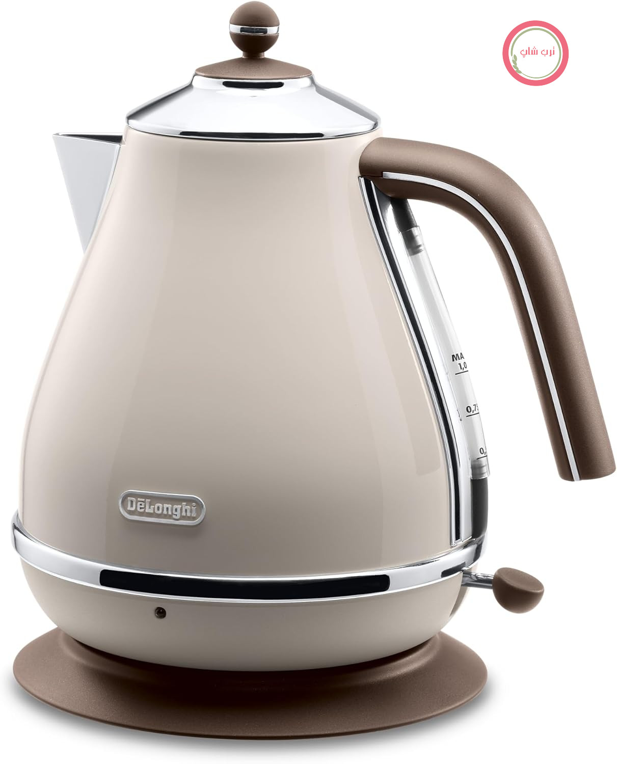 کتری قدیمی De'Longhi Icona KBOV2001.BG - 1.7 لیتر با نشانگر سطح آب و پایه 360 درجه، استیل ضد زنگ با ظاهری زیبا و رترو با جزئیات کرومی، بژ