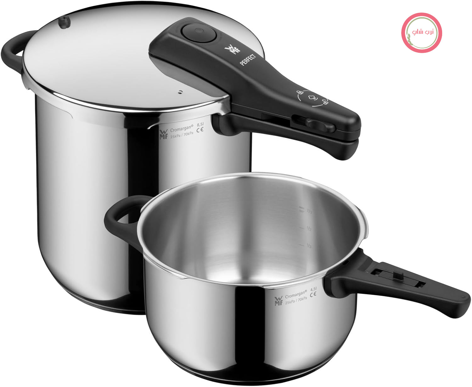 مجموعه زودپز القایی WMF Perfect One Pot، زودپز القایی دو تکه 8.5 لیتر + 4.5 لیتر بدون مغزی، علامت پخت بزرگ، 2 طبقه پخت، دسته درب جداشدنی