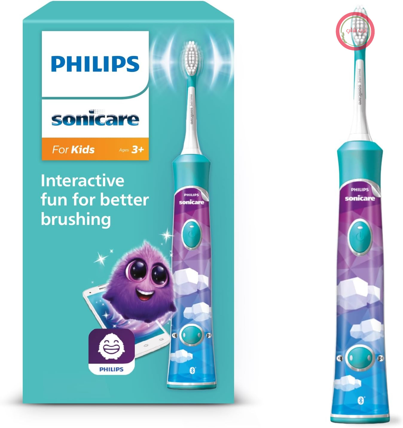 مسواک برقی Philips Sonicare For Kids HX6322 / 04، با فناوری صدا، برای کودکان، تمیز کردن ملایم، فیروزه‌ای