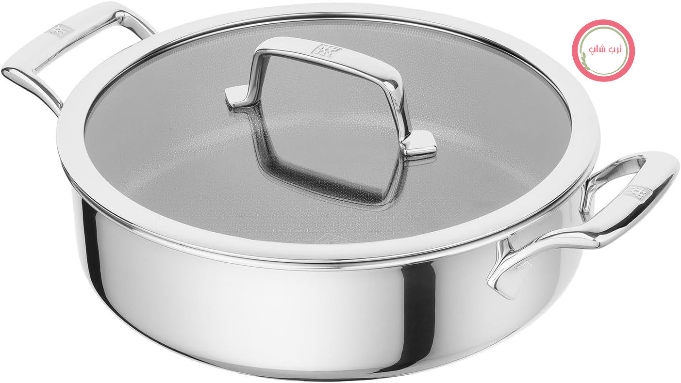 ماهیتابه دو دسته درب دار زولینگ آلمان ZWILLING - قابلمه سرو Peak - 26 سانتی متر - با 2 دسته - استیل ضد زنگ - پوشش نچسب شبکه‌ای - بسیار مقاوم در برابر خراش - درب شیشه‌ای - برای تمام اجاق‌ها - مناسب برای هودهای برقی - رنگ نقره‌ای و مشکی