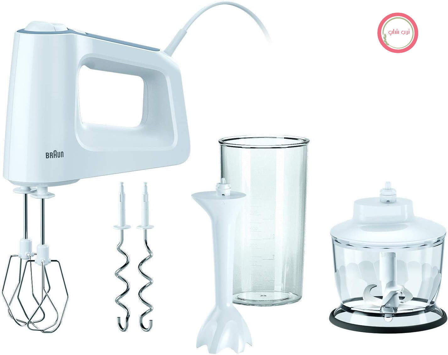 همزن دستی Braun MultiMix 3 HM 3135 با 5 سطح سرعت و عملکرد توربو، شامل همزن، قلاب خمیر، چوب پوره ساز، خردکن و پیمانه 600 میلی‌لیتری، 500 وات، سفید