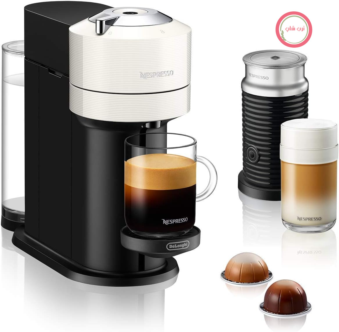 دستگاه کپسول قهوه Nespresso De'Longhi ENV 120.WAE Vertuo Next با کف‌ساز شیر Aeroccino، سفید