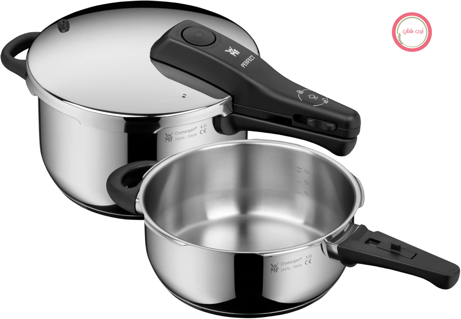 سرویس القایی زودپز WMF Perfect One Pot، 2 تکه، 4.5 لیتر، 3 لیتر، سیگنال پخت بزرگ، 2 طبقه پخت، دسته درب قابل جدا شدن، مناسب برای انواع اجاق گاز، استیل ضد زنگ