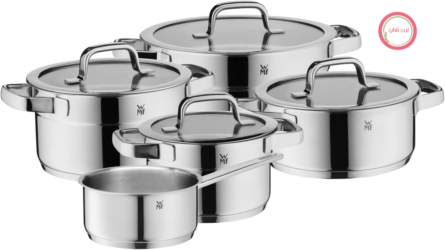 سرویس قابلمه القایی 5 تکه WMF Compact Cuisine با درب شیشه‌ای، استیل ضد زنگ Cromargan براق، سرویس قابلمه‌های القایی، بدون پوشش، ترازوی داخلی