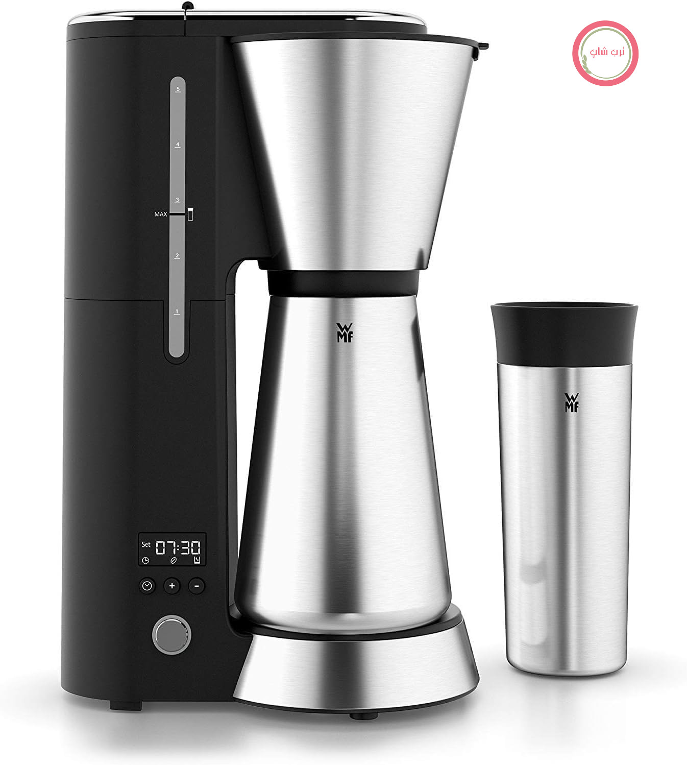 قهوه ساز WMF Küchenminis Aroma، با فلاسک ترموس، قهوه فیلتری 5 فنجان، لیوان حرارتی برای بیرون بردن (350 میلی لیتر)، 760 وات، تایمر 24 ساعته، خاموش شدن خودکار، نقره ای