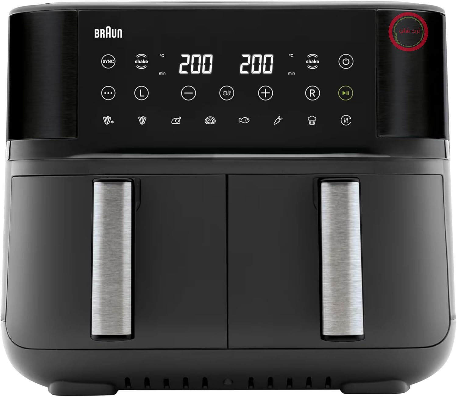 سرخ کن هوای گرم Braun TwinCook 3 TD3030IBK، دو محفظه ۸ لیتری (۴ لیتری + ۴ لیتری)، سرخ کن هوای گرم ۸۰-۲۰۰ درجه با عملکرد همگام سازی، ۸ برنامه، تمیز کردن آسان، ۲۸۵۰ وات، مشکی
