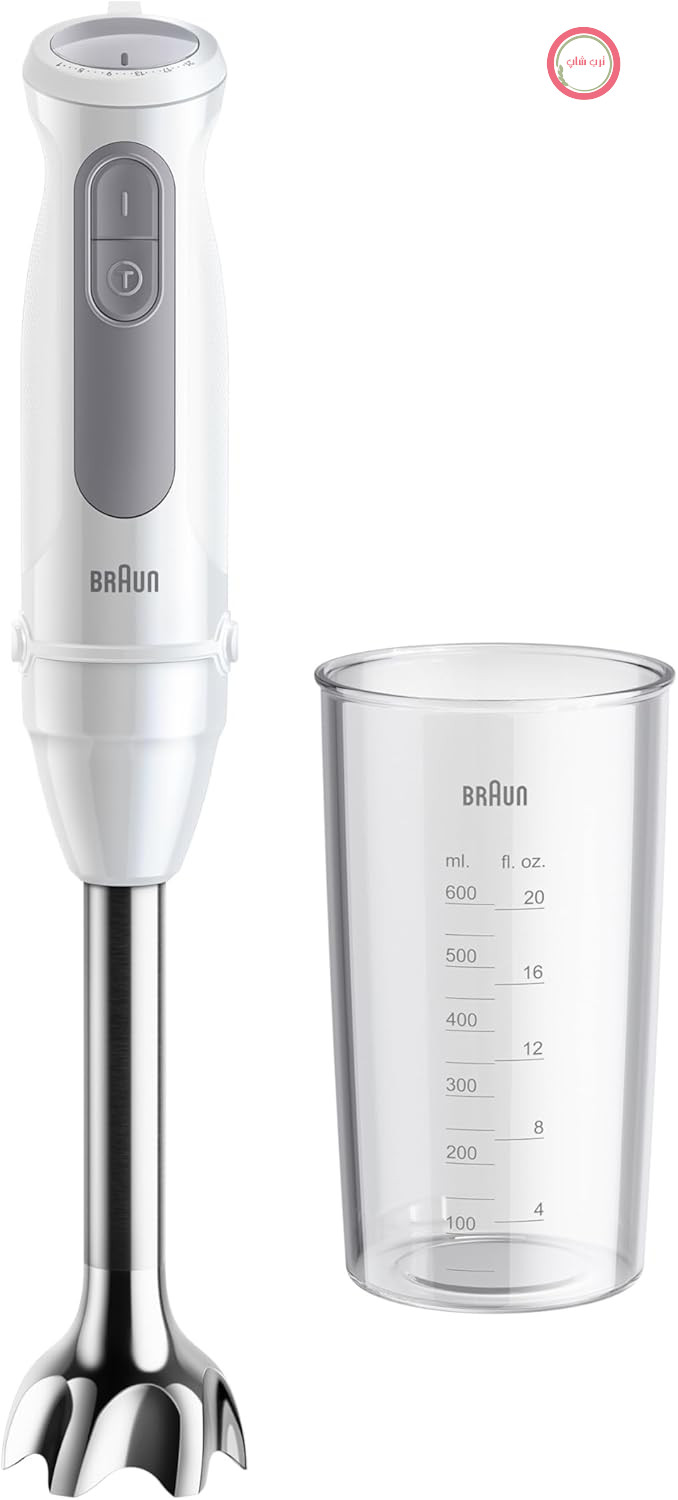 مخلوط کن دستی Braun MultiQuick 5 MQ 50001 M، 1000 وات، 21 سطح سرعت + توربو، پایه پوره ساز استیل ضد زنگ، سیستم کلیک آسان، کنترل پاشش، شامل بشر 600 میلی لیتری، سفید