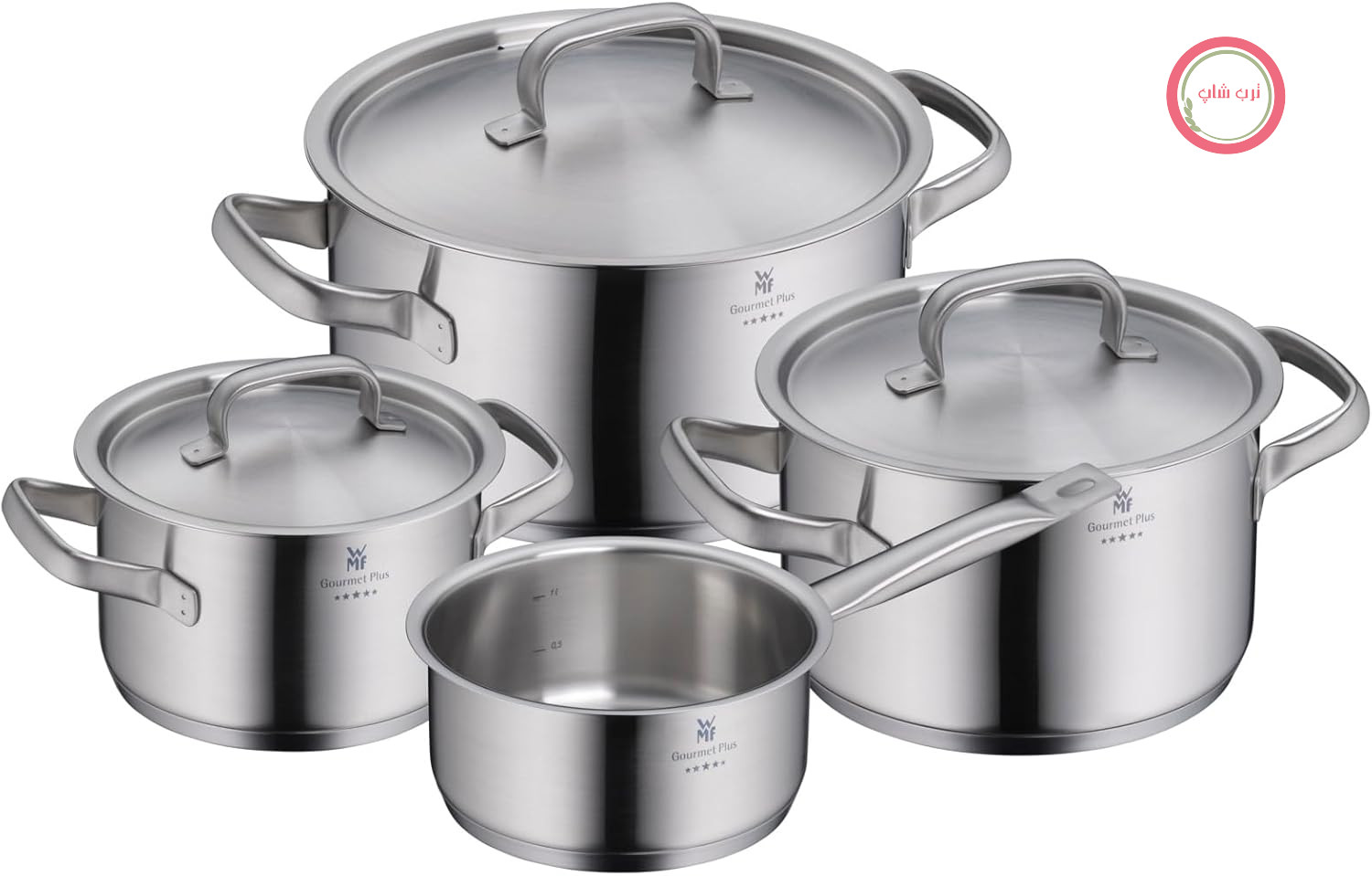 سرویس قابلمه 4 تکه WMF مدل Gourmet Plus با دریچه بخار داخلی، دسته‌های توخالی، درب فلزی، جنس استیل ضد زنگ Cromargan®، مناسب برای اجاق گازهای القایی، قابل شستشو در ماشین ظرفشویی