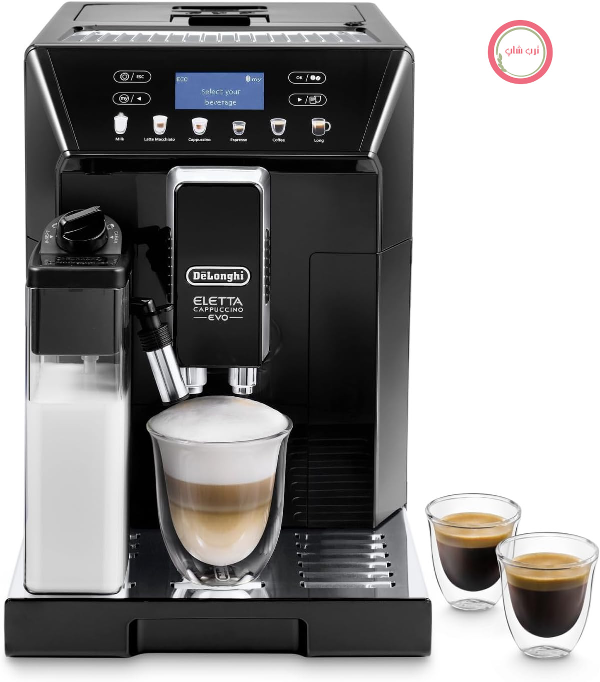 دستگاه قهوه ساز تمام اتوماتیک De'Longhi Eletta Evo ECAM 46.860.B با سیستم شیر LatteCrema، کاپوچینو و اسپرسو تنها با لمس یک دکمه، صفحه نمایش LCD و دکمه‌های لمسی حسگر، مشکی