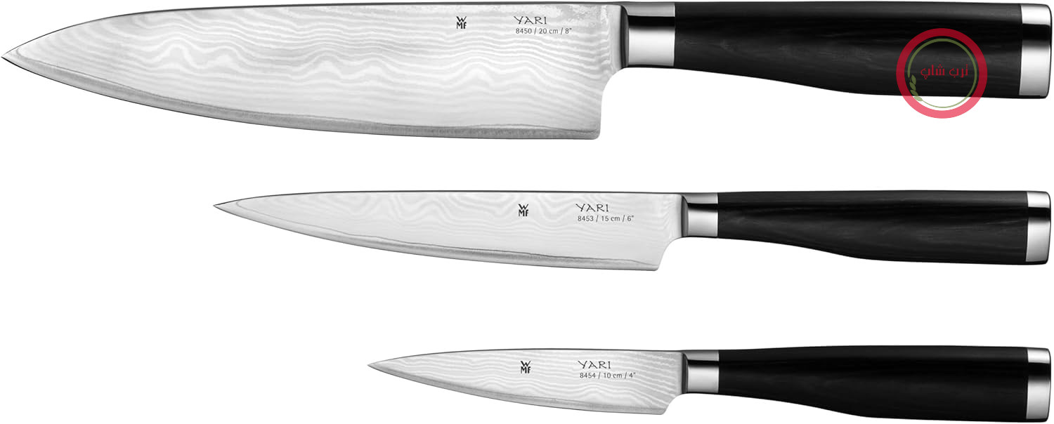 سرویس چاقوی WMF Yari، 3 تکه، 3 چاقو، تیغه مخصوص آهنگری شده ژاپنی، جنس استیل 67 لایه، دسته چوبی، تیغه دمشقی، سرویس چاقوی آشپزخانه