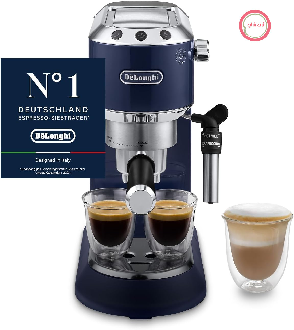 دستگاه اسپرسوساز دلونگی مدل ددیکا استایل - پرفِتو کامپکت، پورتافیلتر، دکمه‌دار، کف‌ساز شیر دستی برای اسپرسو و کاپوچینو، سازگار با پد ESE، عرض ۱۵ سانتی‌متر، آبی (EC685.BL)