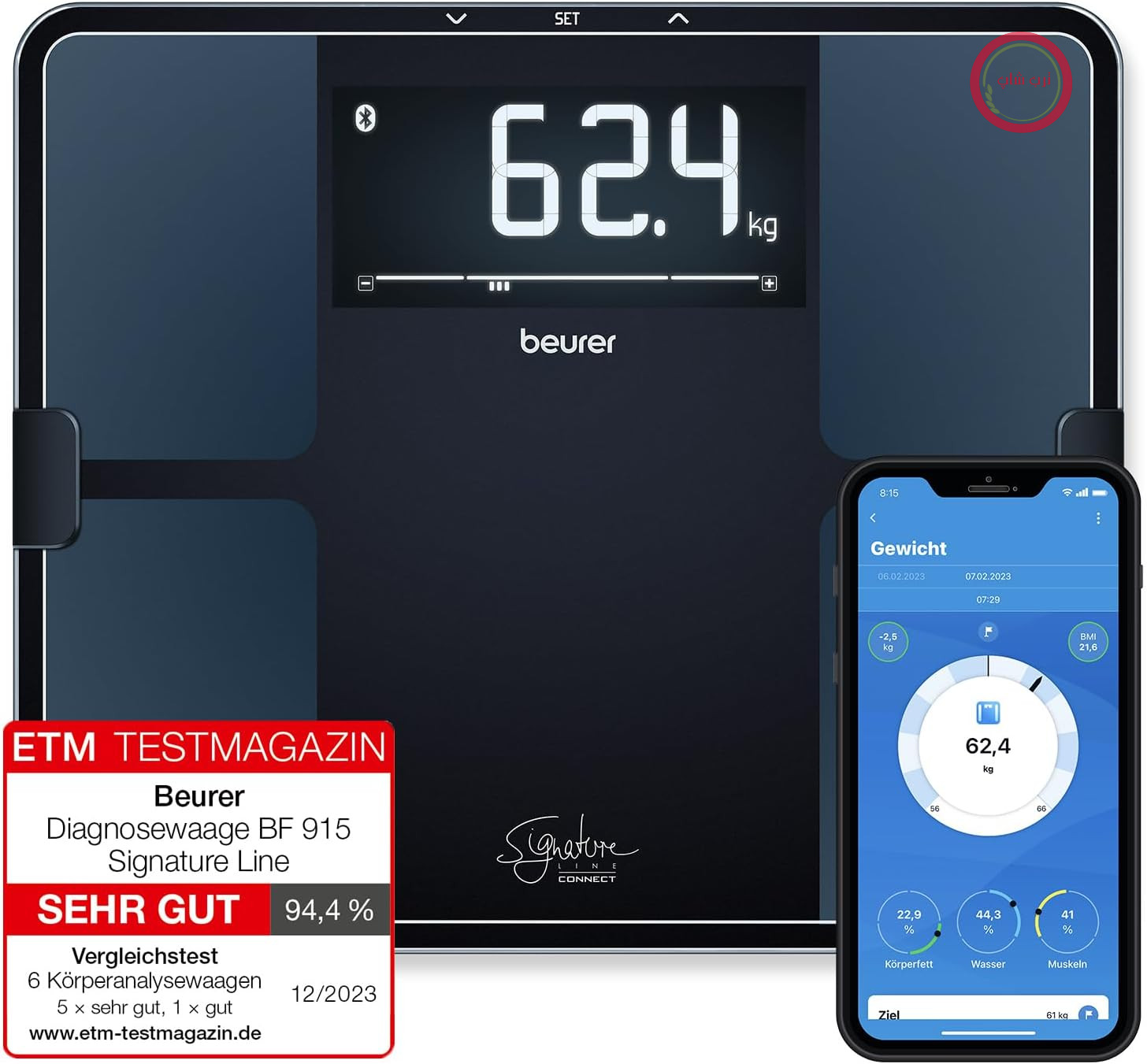 ترازوی تشخیصی بیورر BF 915، آنالیز دقیق بدن برای حداکثر 8 نفر، اندازه‌گیری چربی بدن، با صفحه نمایش XXL روشن، ظرفیت تحمل وزن تا 200 کیلوگرم، شامل اتصال به اپلیکیشن