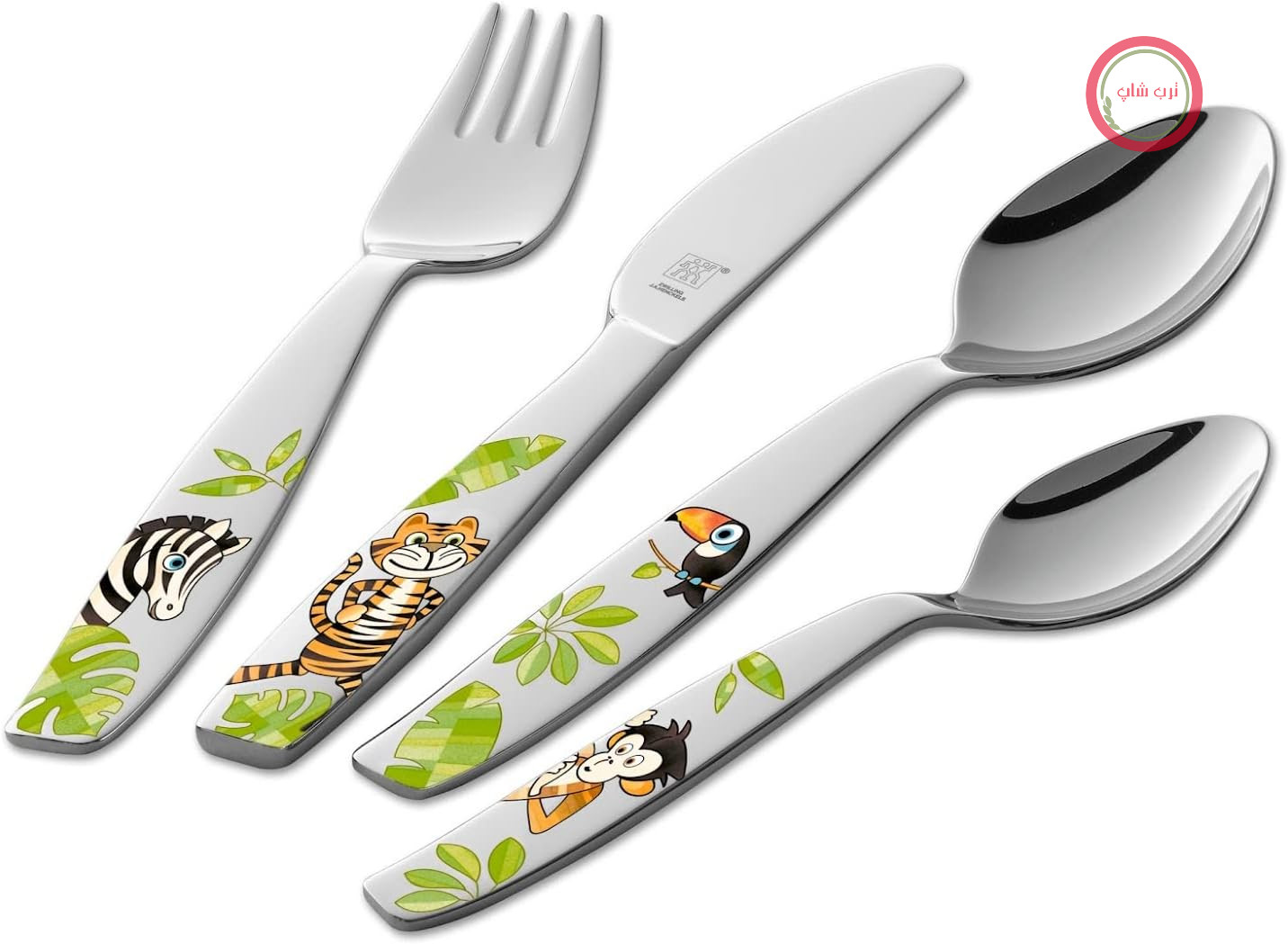 ست چاقوس و ظروف غذا خوردن بچه ای ZWILLING - مدل جنگل - 4 تکه - با طرح های رنگارنگ جنگلی - برای کودکان بالای 3 سال - استیل 18/10 - نقره‌ای