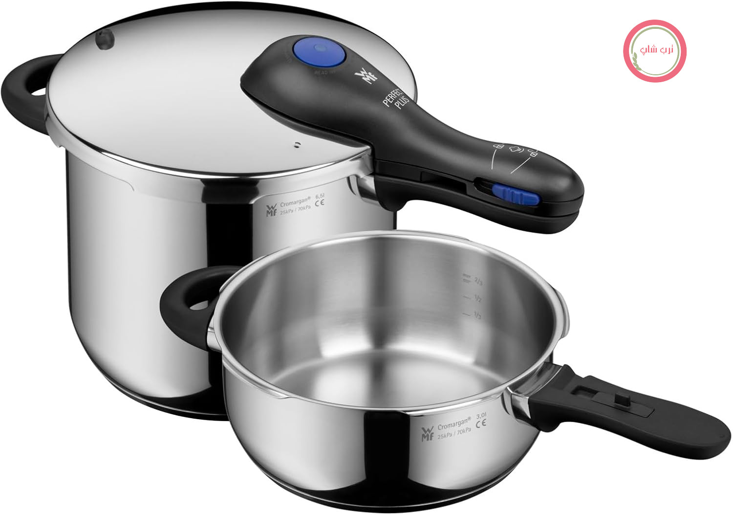 مجموعه زودپز WMF Perfect Plus One، زودپز القایی دو تکه 6.5 لیتر + 3 لیتر، سیگنال پخت بزرگ، 2 طبقه پخت، دسته درب قابل جدا شدن، کنترل کننده سطح پخت با یک دست، استیل ضد زنگ Cromargan براق
