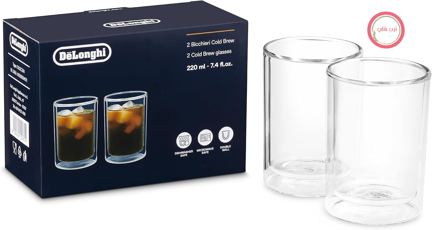 لیوان‌های قهوه De'Longhi Cold Brew DLSC324، لیوان‌های حرارتی دوجداره، مجموعه ۲ عددی، قابل شستشو در ماشین ظرفشویی، ظرفیت ۲۲۰ میلی‌لیتر، ایده‌آل برای نوشیدنی‌های قهوه سرد و گرم