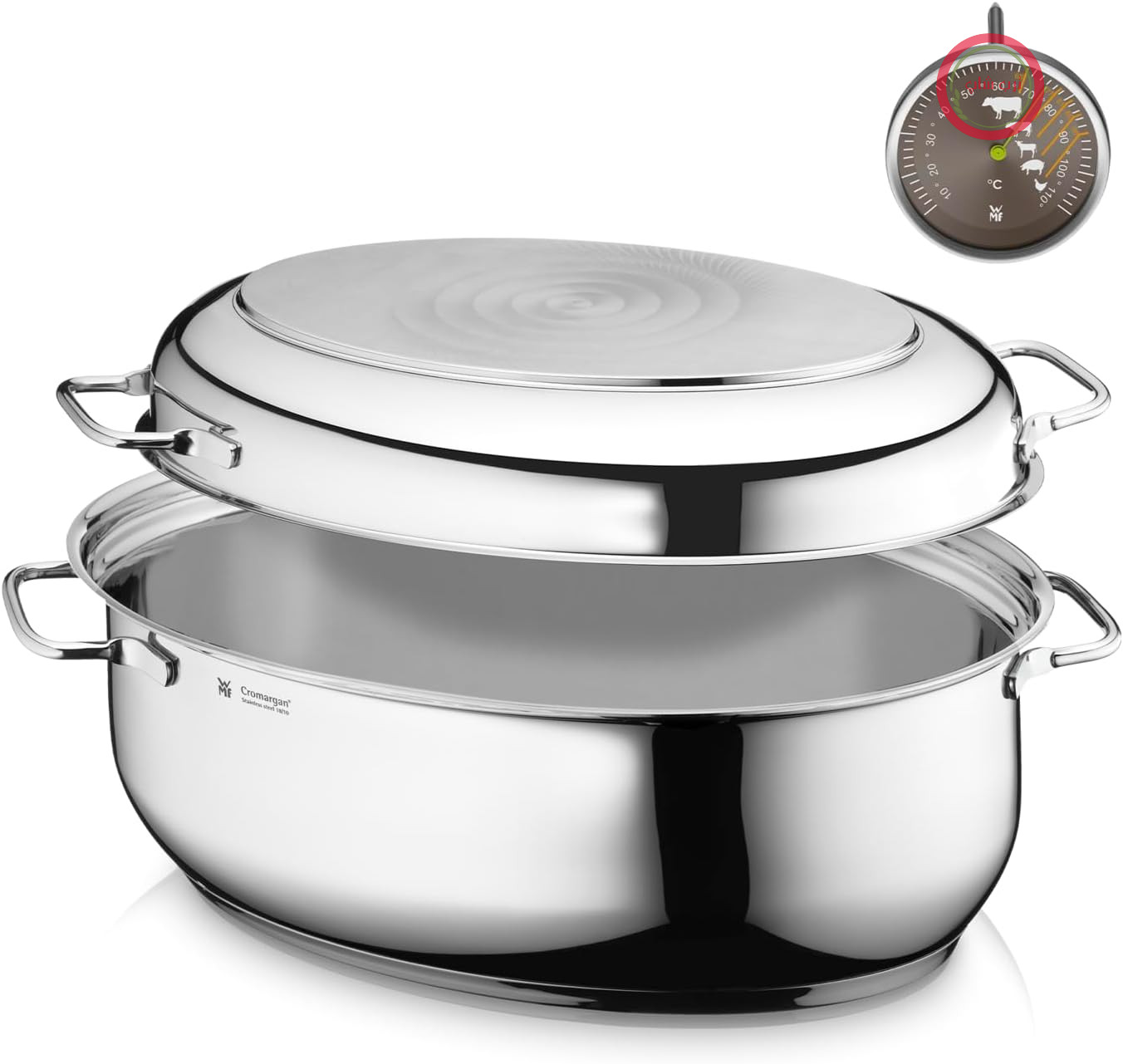ماهیتابه کباب WMF، بیضی شکل، 41x28x18.5 سانتی متر، 8.5 لیتر، درب القایی، شامل دماسنج کباب، Cromargan، القایی استیل ضد زنگ، قابل شستشو در ماشین ظرفشویی، مقاوم در برابر فر