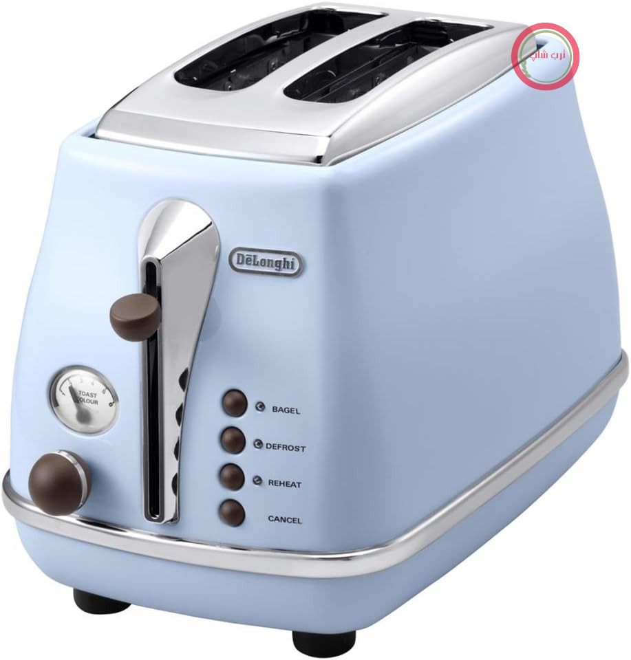 توستر قدیمی De'Longhi Icona CTOV2103.AZ - توستر دو تکه با گرمکن نان، استیل ضد زنگ با ظاهری زیبا و رترو با جزئیات کرومی، آبی، لاجوردی