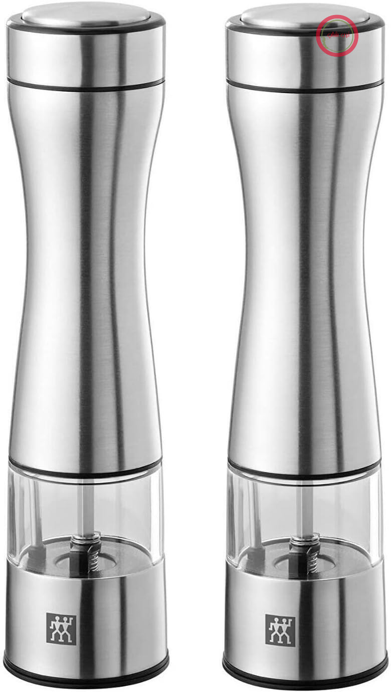 مخلوط کن نمک و فلفل برقی - برند Zwilling - مدل 2 تایی - با درب - دارای محفظه پودر، استیل براق - دستگاه آسیاب نمک برقی - با محفظه سرامیکی