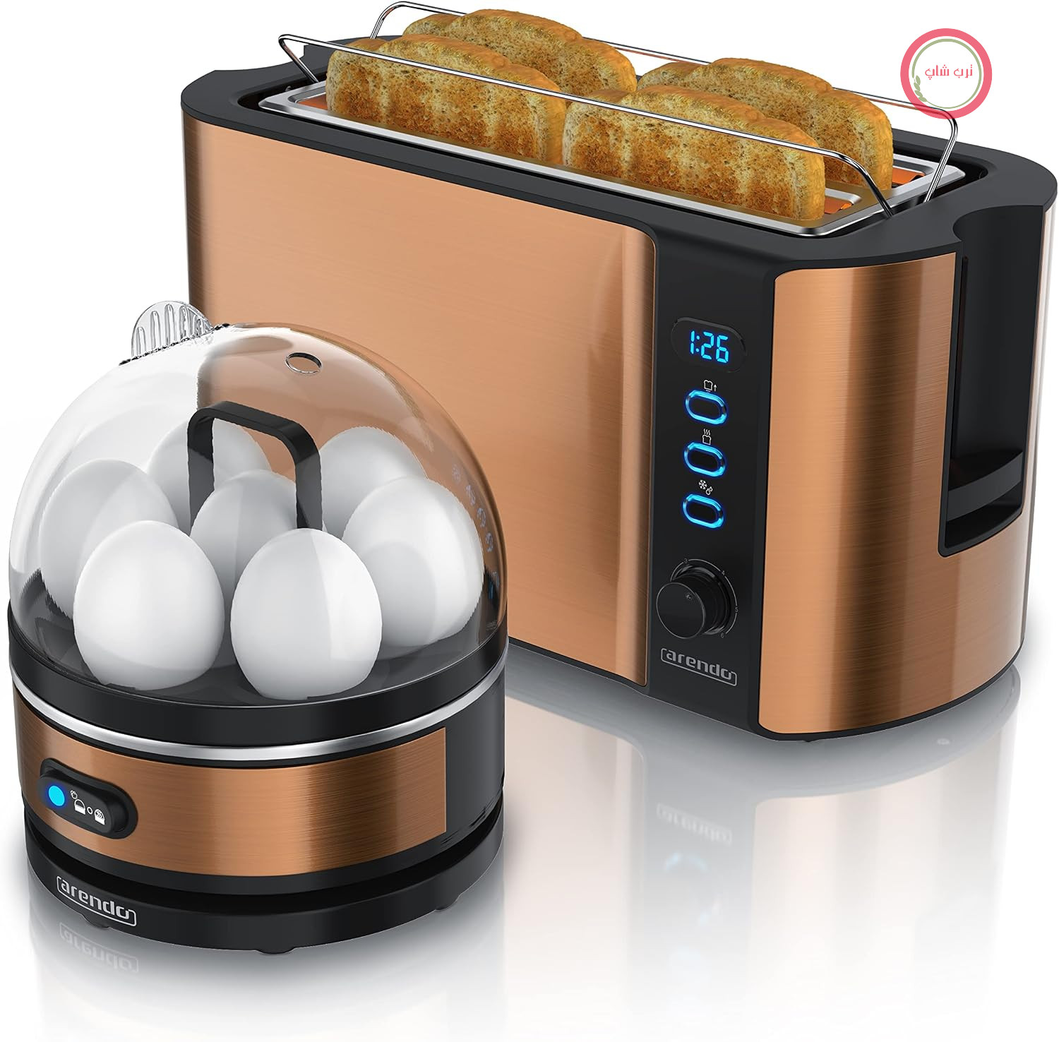 ست توستر Arendo - FRUKOST به همراه تخم مرغ پز SEVENCOOK، استیل ضد زنگ و مس، توستر 4 تکه، صفحه نمایش LED، 6 سطح برشته کردن، جای نان - تخم مرغ پز (1-7 عدد)، پیمانه