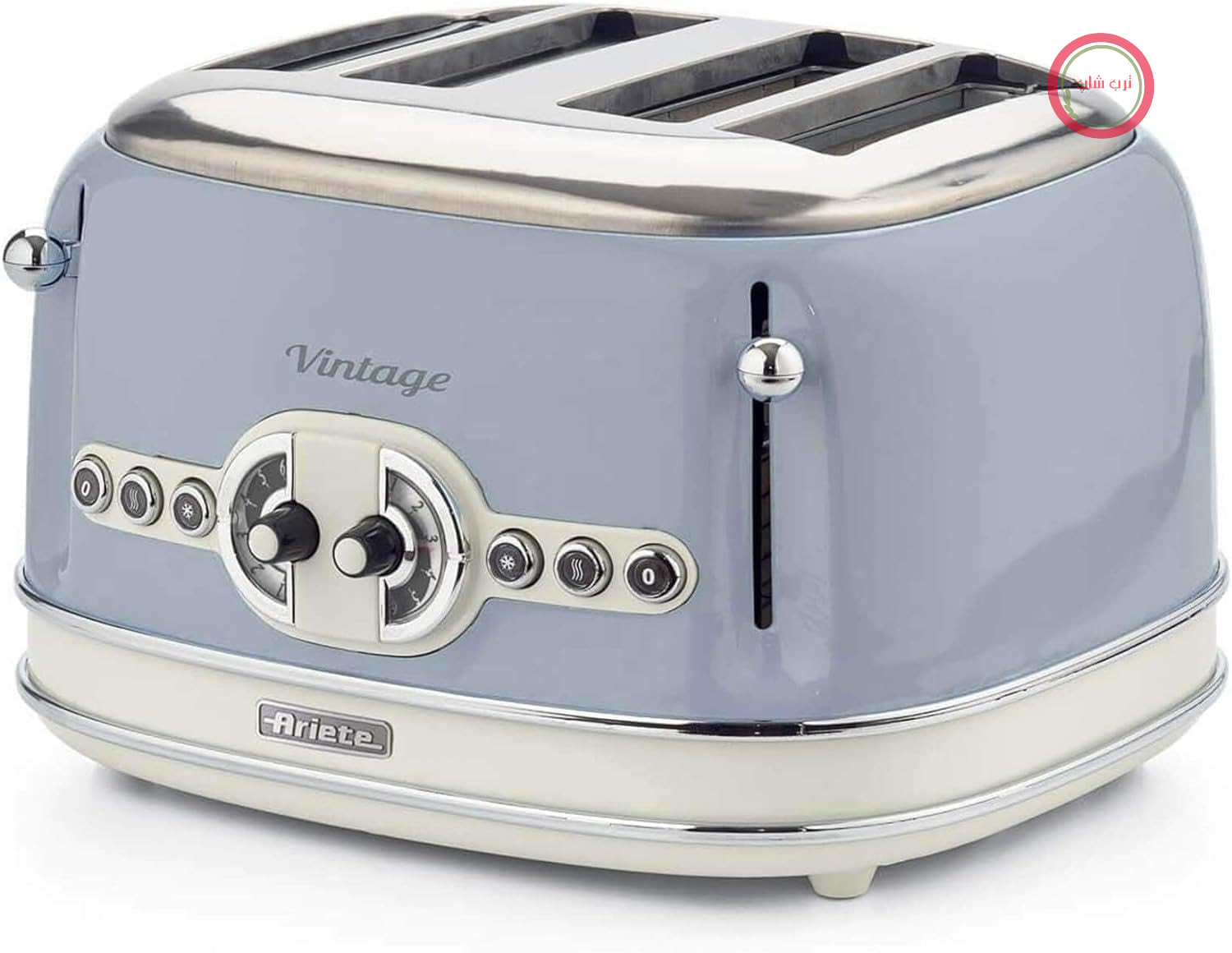 توستر Ariete Vintage 156، 4 تکه، توستر رترو با 6 سطح تست، تخلیه خودکار، عملکرد یخ‌زدایی، سینی خرده نان قابل جدا شدن، محفظه استیل ضد زنگ، 1600 وات، آبی