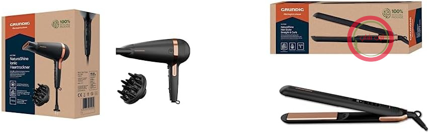 سشوار GRUNDIG Naturashine HD 7081 با عملکرد یونی، محافظ سرامیکی و اتوی موی Naturashine HS 7030، اتوی مو