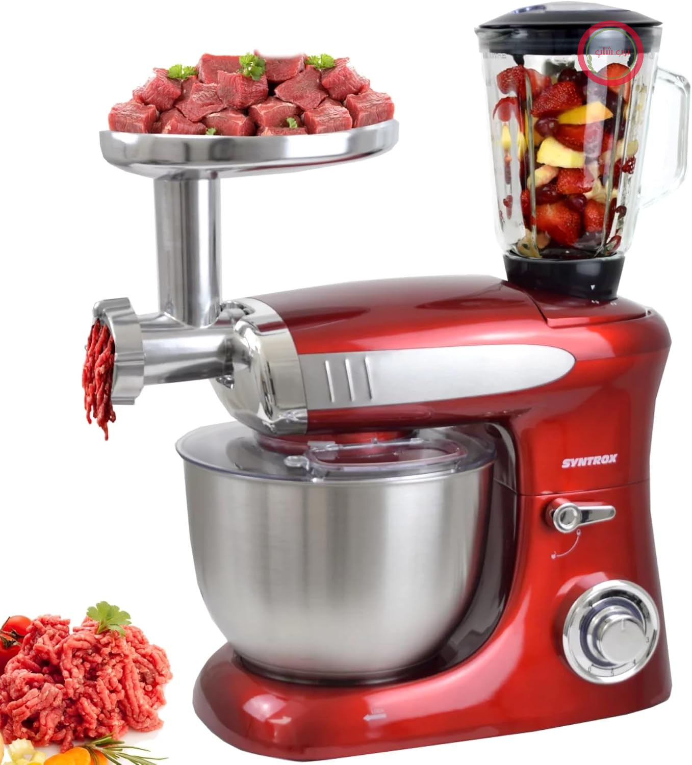 غذاساز سینتروکس آلمان Syntrox Germany مدل Deluxe با چرخ گوشت و مخلوط کن، دستگاه مخلوط کن با لوازم جانبی، کمک آشپزی همه کاره، مخلوط کن و چرخ گوشت در یک دستگاه، ۱۳۰۰ وات، ۲۳۰ ولت (قرمز)