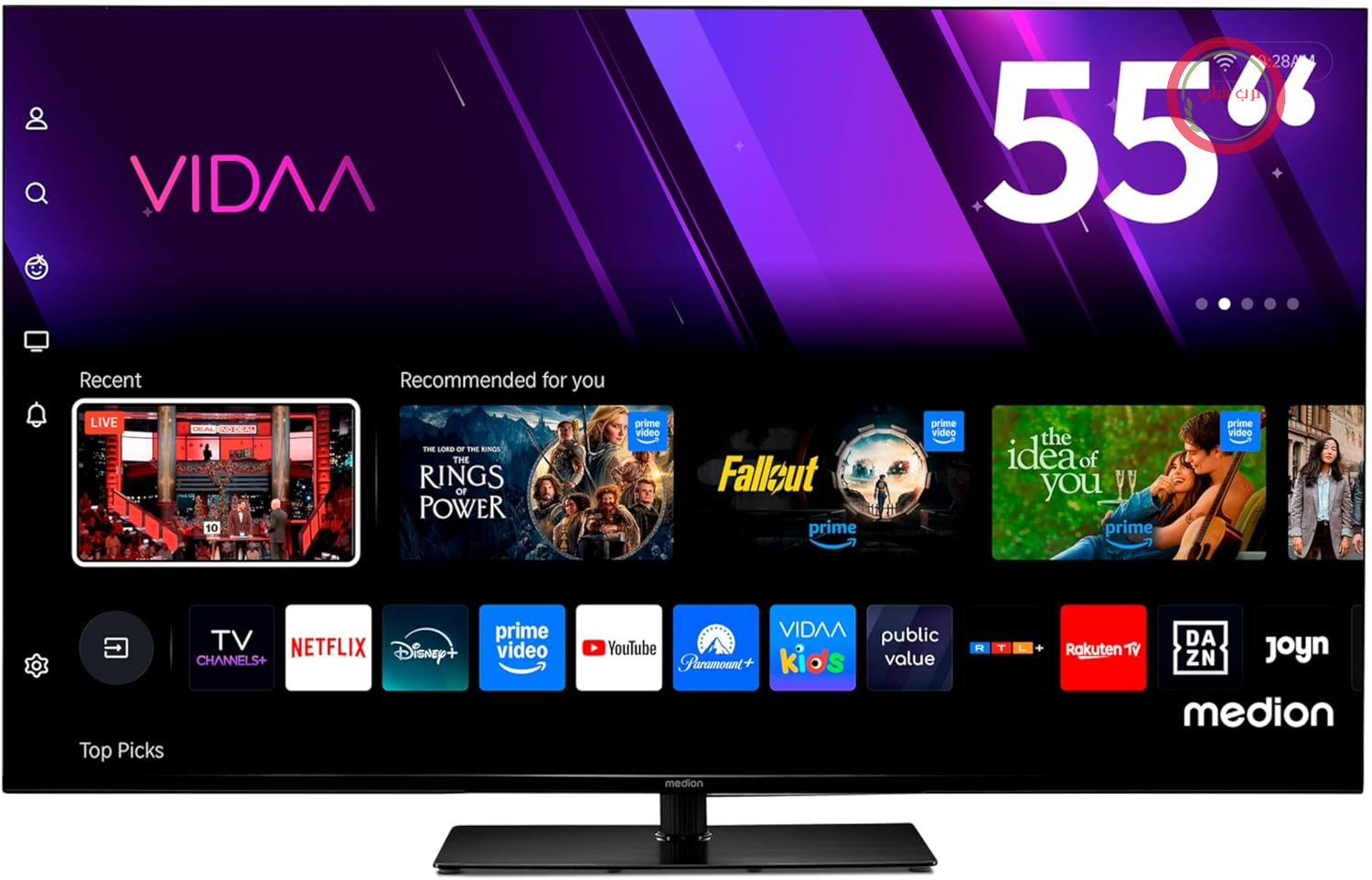 تلویزیون MEDION با اندازه ۱۳۸.۸ سانتی‌متر (۵۵ اینچ) (تلویزیون هوشمند، Dolby Vision HDR، فروشگاه VIDAA، Prime Video، Disney+، DAZN، Paramount+، HbbTV، PVR، بلوتوث، MD 855300)