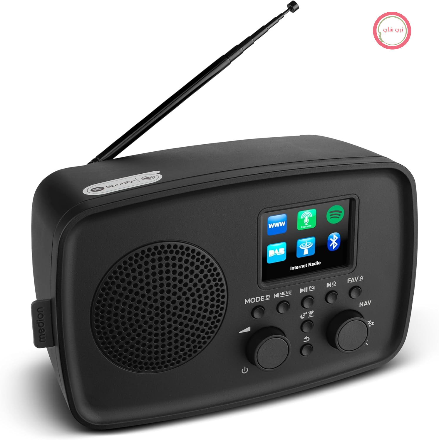 رادیو اینترنتی MEDION با DAB+ Life IRE-1 (وای‌فای، رادیو DAB+ FM، بلوتوث، EQ، ضد چکه، آنتن تلسکوپی، Spotify Connect، عملکرد چرت زدن ساعت زنگ‌دار، تنظیم نور صفحه نمایش) مشکی
