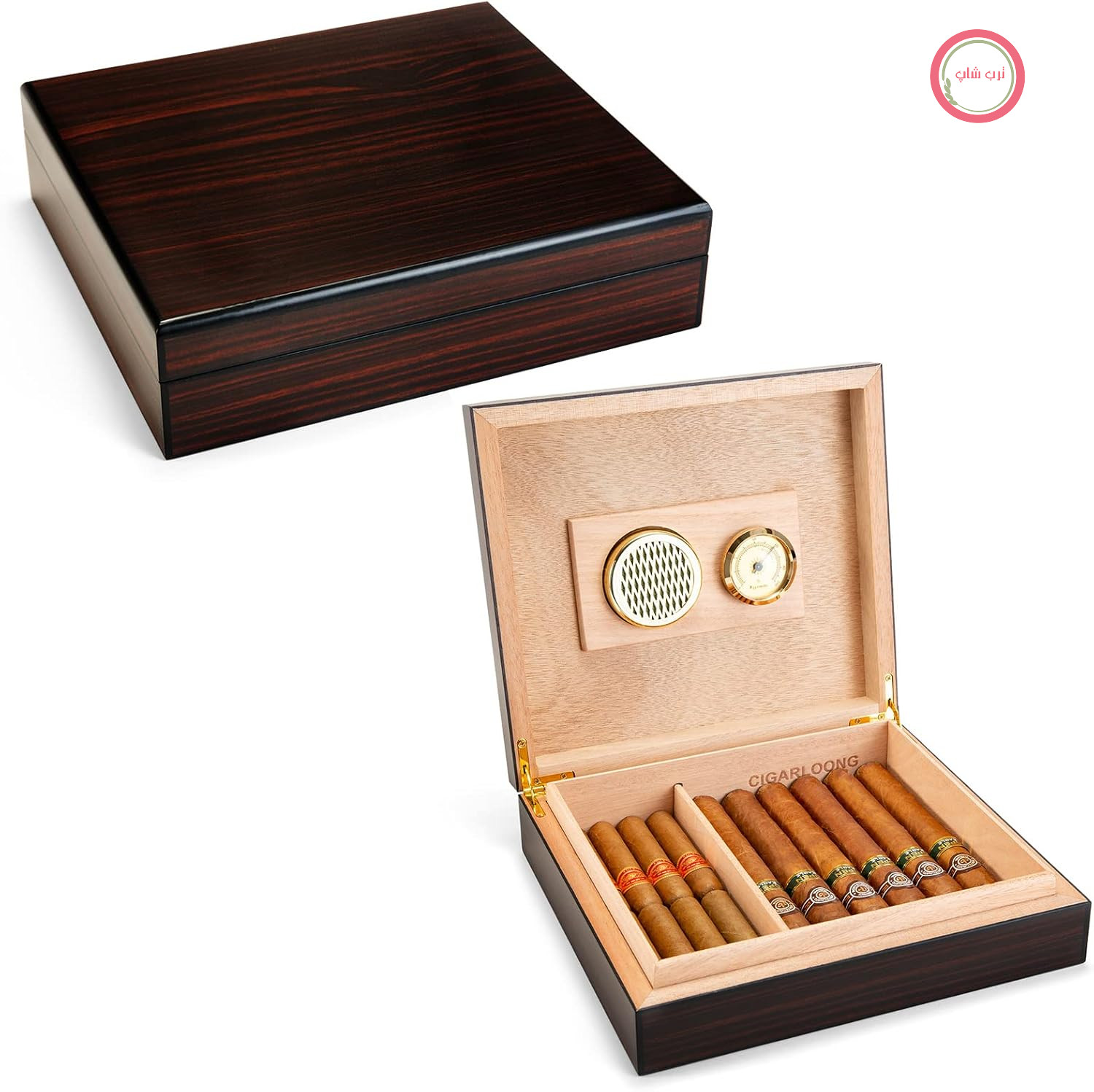 رطوبت گیر سیگار CIGARLOONG با رطوبت سنج و رطوبت ساز، چوب سدر مسافرتی، مشکی، جعبه رومیزی، مناسب برای ۱۵ تا ۲۰ نخ سیگار