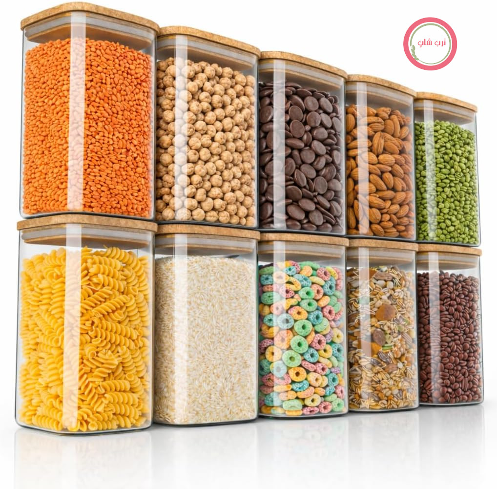 Arendo - ظروف نگهداری با درب 1200 میلی‌لیتر - مجموعه 10 عددی - ظروف شیشه‌ای - مقاوم در برابر حرارت - شیشه‌های نگهداری/انبار با درب بامبو - بدون درز - برای موسلی، شکر، آرد، قهوه، برنج
