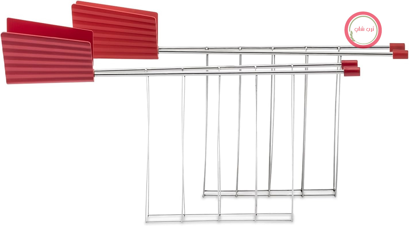 مجموعه طراحی Alessi Plissé MDL08RA R شامل دو انبر توستر، ساخته شده از استیل ضد زنگ و رزین ترموپلاستیک، قرمز