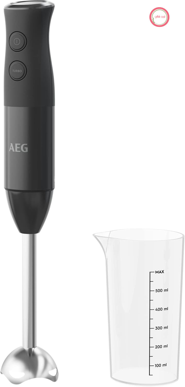 مخلوط کن دستی AEG HB4-1-4GG / 2 تیغه استیل ضد زنگ / شامل فنجان اسموتی / بدون BPA / 2 تنظیمات سرعت / عملکرد توربو / قابل شستشو در ماشین ظرفشویی / استیل ضد زنگ برس خورده / خاکستری، مشکی