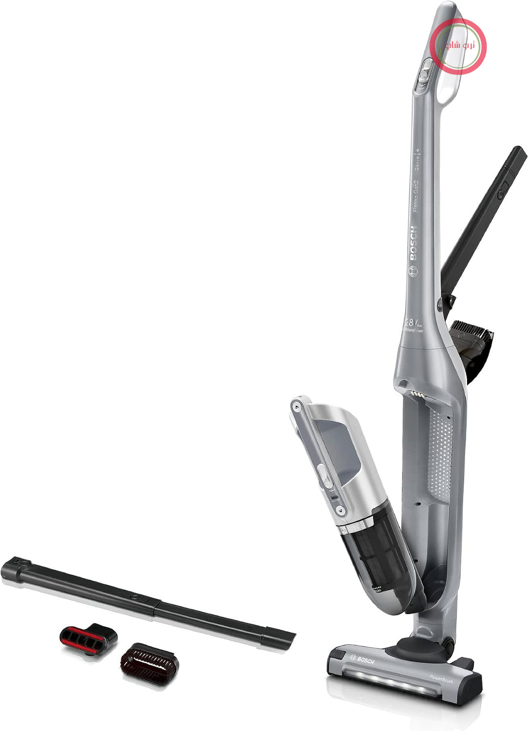 جاروبرقی بی‌سیم بوش مدل 2in1 سری 4 مدل BBH3K2801، بدون کیسه، قدرت مکش بالا، زمان کارکرد طولانی، نازل با روشنایی LED، مناسب برای انواع سطوح، نقره‌ای