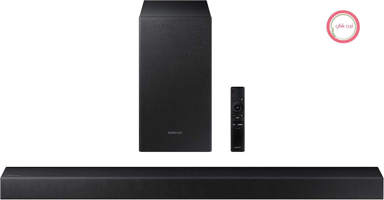 ساندبار سامسونگ HW-T420، ۱۵۰ وات، ۲.۱ کانال، ساب ووفر سیمی، دالبی دیجیتال ۲.۱، بلوتوث ۴.۲، روشن، حالت بازی و یک ریموت کنترل، مشکی
