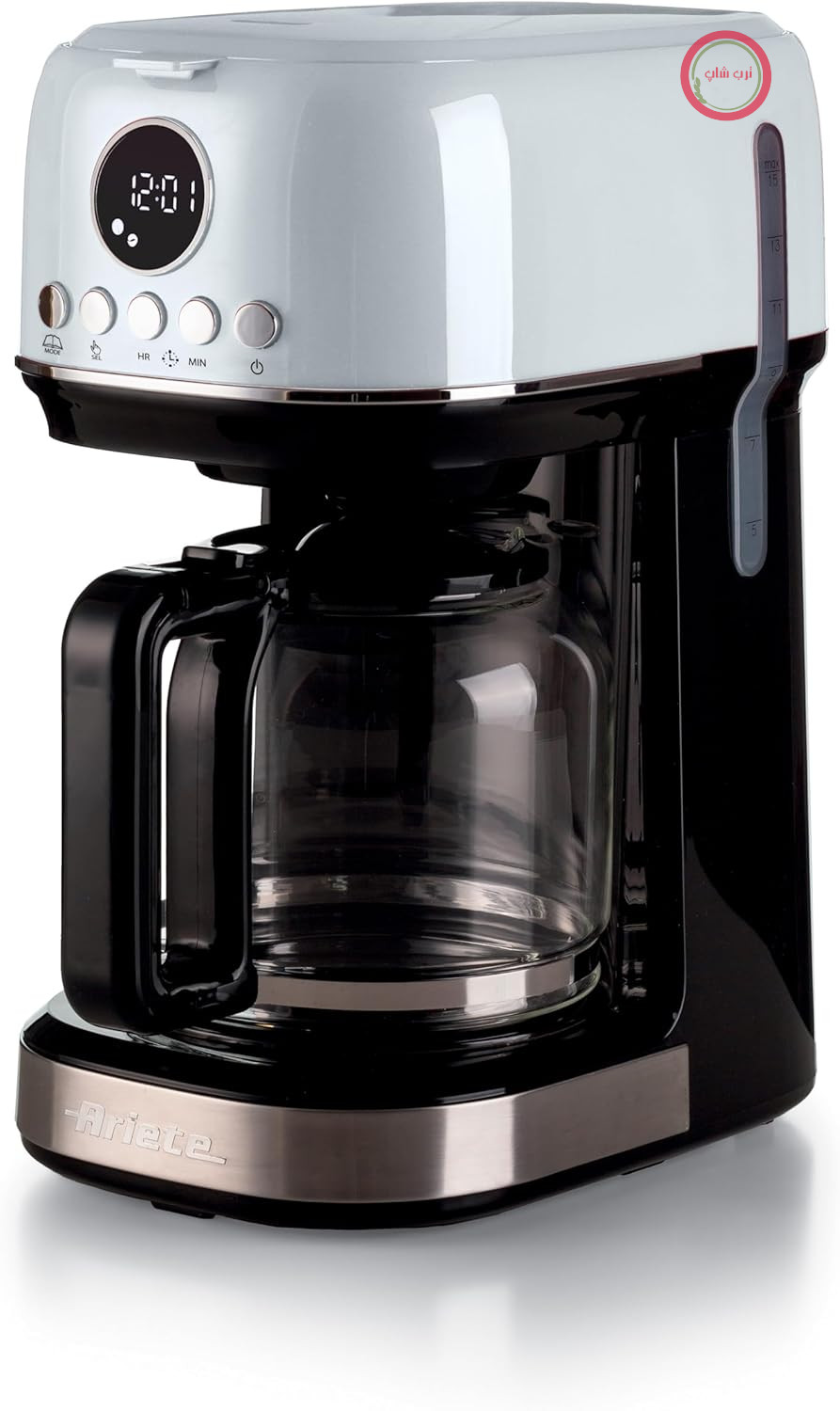 دستگاه قهوه ساز فیلتردار Ariete Moderna 1396 برای تهیه قهوه آمریکایی، تا 15 فنجان، قوری شیشه‌ای، صفحه گرمکن، صفحه نمایش LCD، فیلترهای قابل جدا شدن و شستشو، مشکی